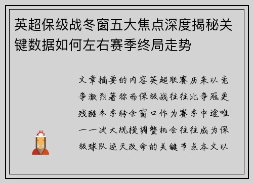 英超保级战冬窗五大焦点深度揭秘关键数据如何左右赛季终局走势