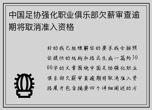 中国足协强化职业俱乐部欠薪审查逾期将取消准入资格 中国足协强化职业俱乐部欠薪审查逾期将取消准入资格